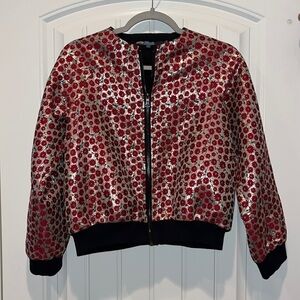 ANTHROPOLOGIE full zip silver metallic red floral bomber jacket Eva Franco XS